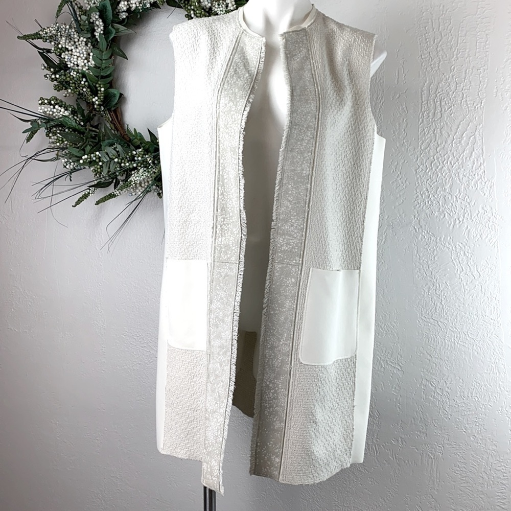 Elie Tahari Verina White Mixed Texture Vest XL Leather Woven Scuba - Picture 2 of 9